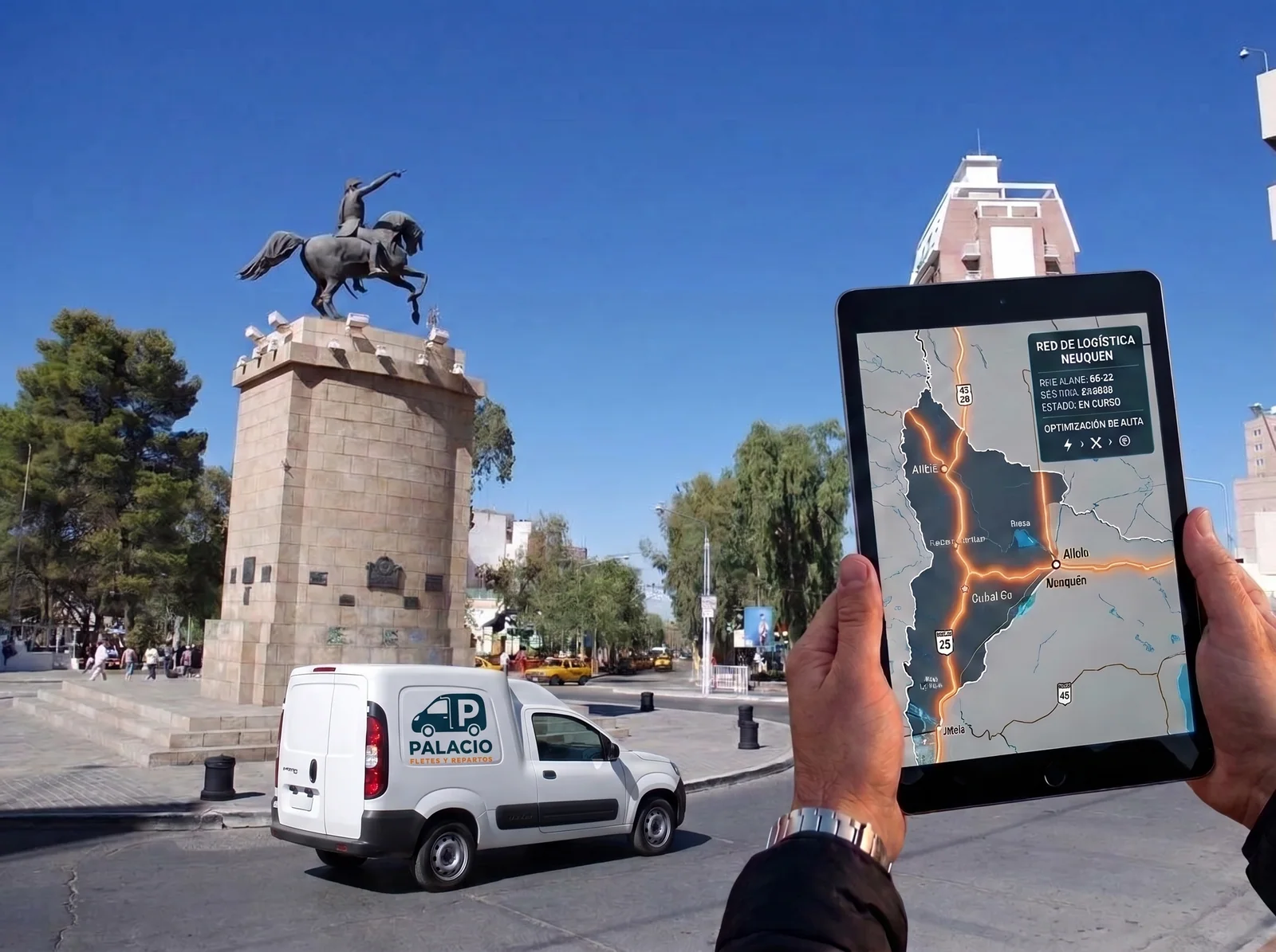Manos sosteniendo una tablet con un mapa de rutas logísticas frente al monumento a San Martín en Neuquén, junto a una Fiorino PALACIO